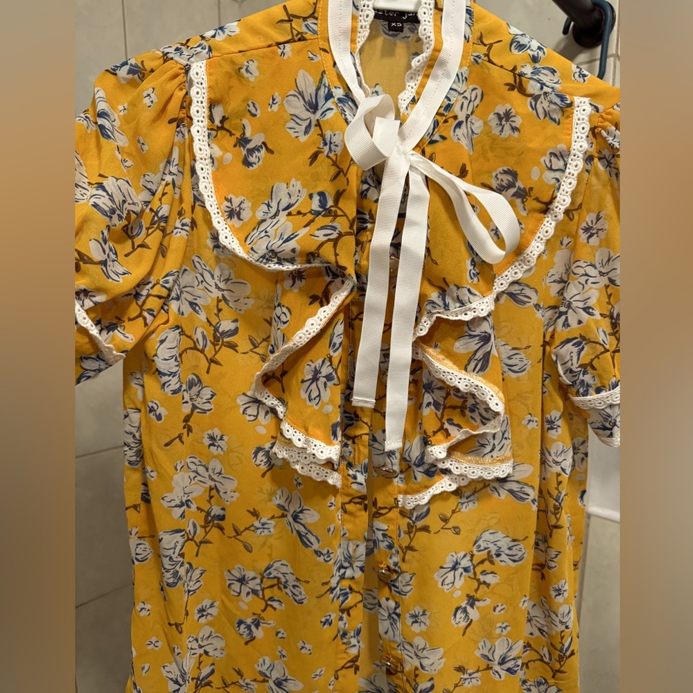 Sister Jane Yellow Floral Blouse with Lace Trim